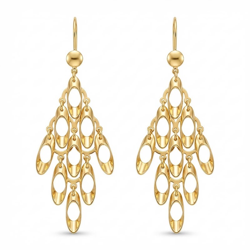 Long gold earrings with a geometric, openwork design, featuring movable charms that sway with your movements, creating a captivating sparkle. A luxurious and modern piece that will turn heads. - Image 1